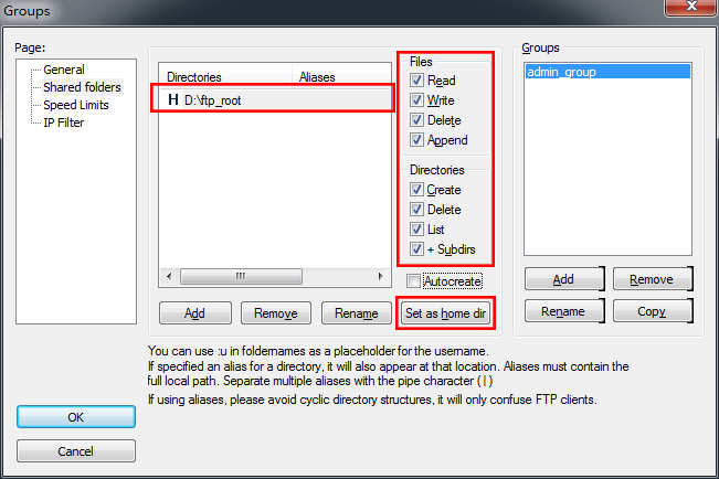 FileZilla Server ftp 服务器下通过alias别名设置虚拟目录(多个分区)(图9)