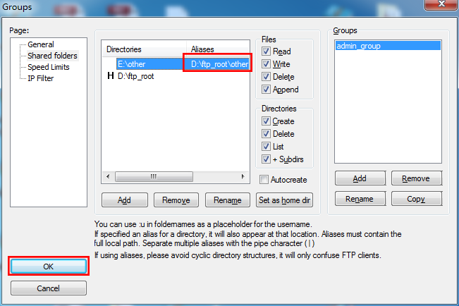 FileZilla Server ftp 服务器下通过alias别名设置虚拟目录(多个分区)(图15)